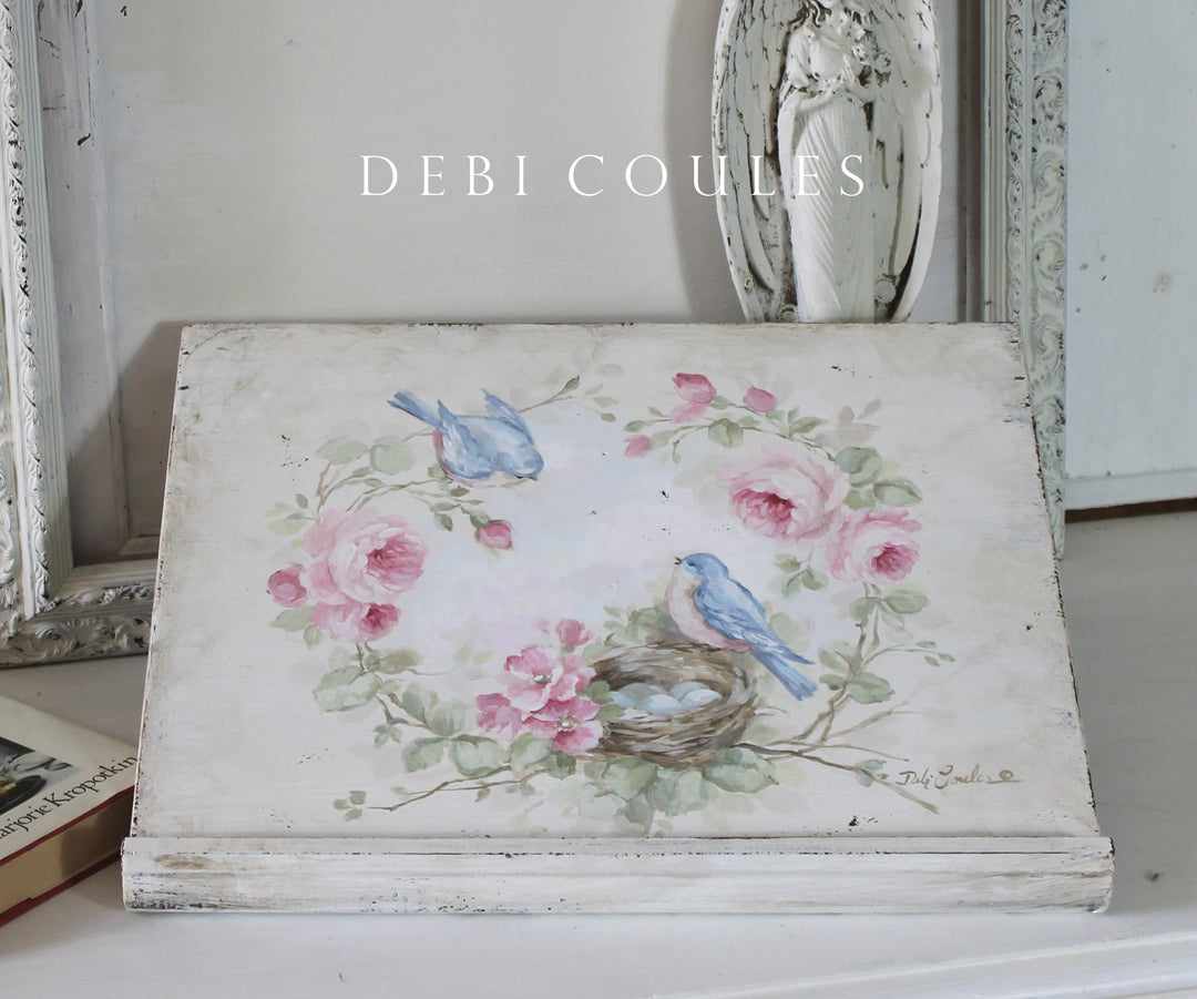 Romantic Shabby Chic Wood Bookstand Cookbook IPad Bible Stand Bluebird Roses and Nest Chic by Debi Coules