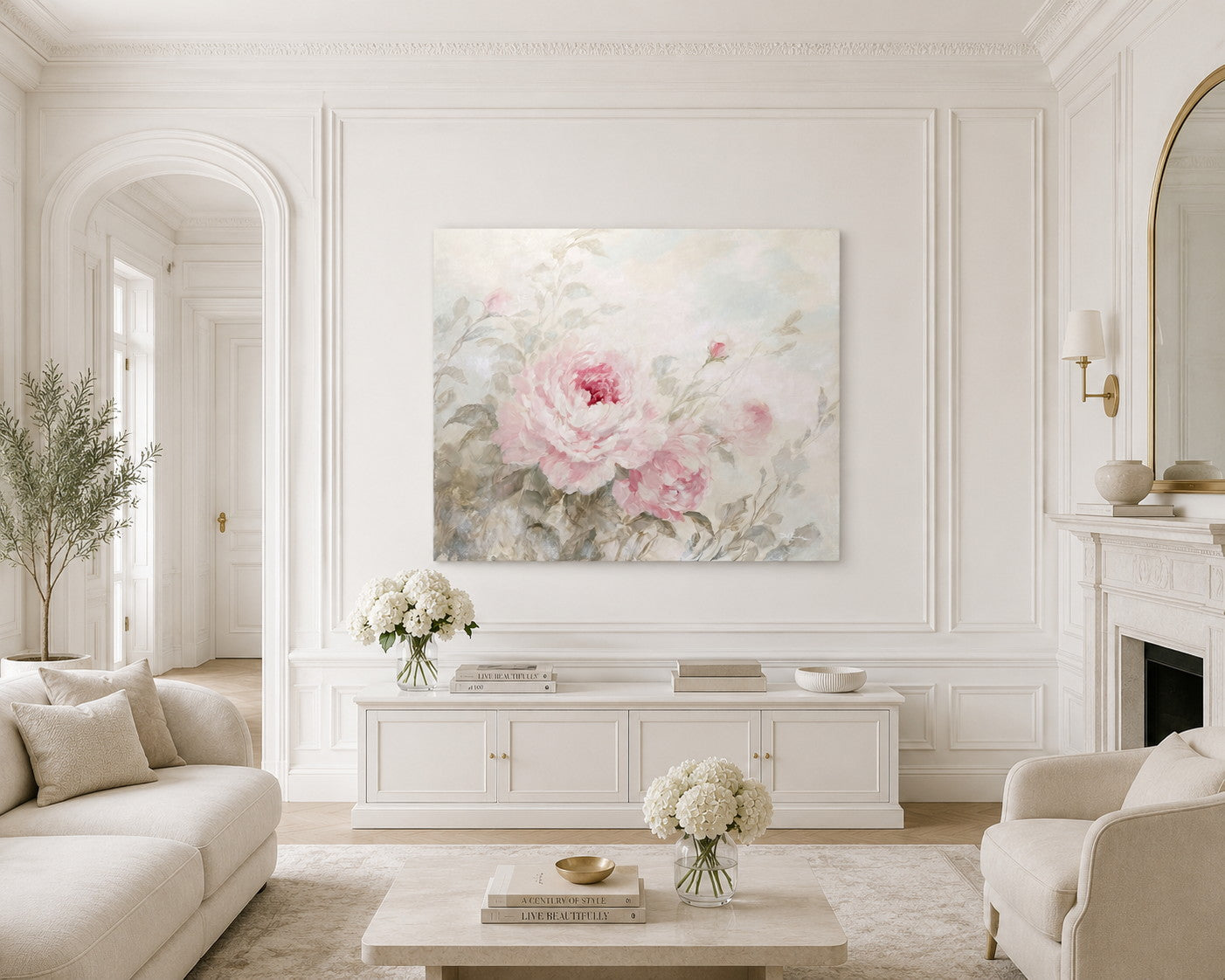 Original Pink Peony Painting hanging in an modern living room